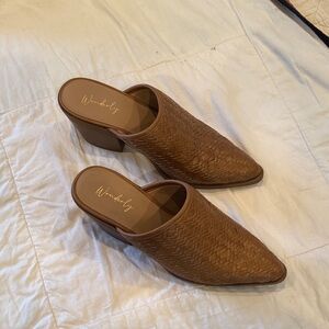 Wonderly Tan Woven Pointed Mule Heels